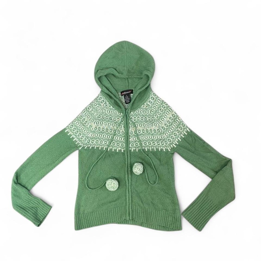 Green and white patterned knit zip up hoodie with pom pom strings